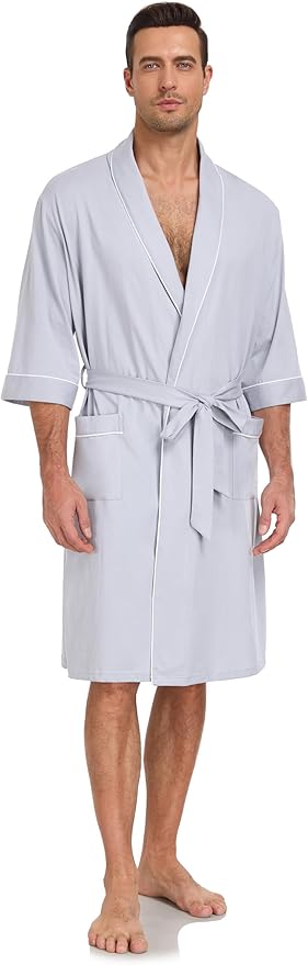 COLORFULLEAF Men's Bathrobes 100% Cotton Soft Comfort Breathable Short Sleeve Summer Kimono Mens Lightweight Robe