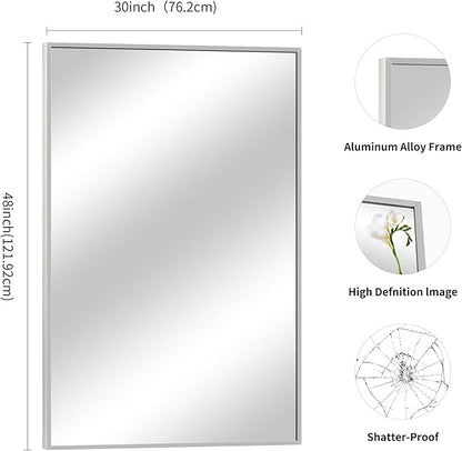 Silver Bathroom Mirror for Wall, 30x48 Inch Rectangle Mirrors with Metal Frame, Modern Vanity Wall Mirror Decor for Bathroom Living Room, Entryway Hangs Horizontal or Vertical
