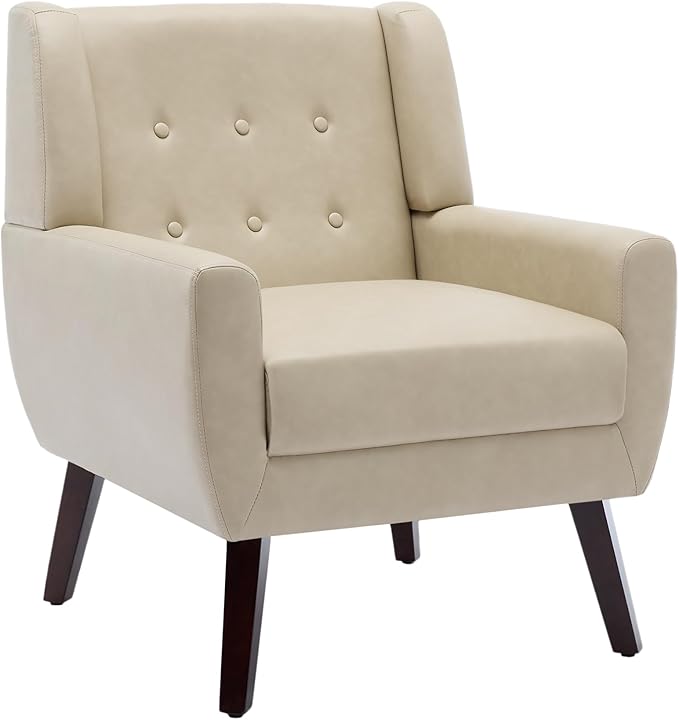 UIXE Faux Leather Accent Chairs Set of 4, Modern Arm Club Chair Upholstered Armchair for Living Room, Comfy Single Sofa Seats Button Tufted Reading Seating, Cream