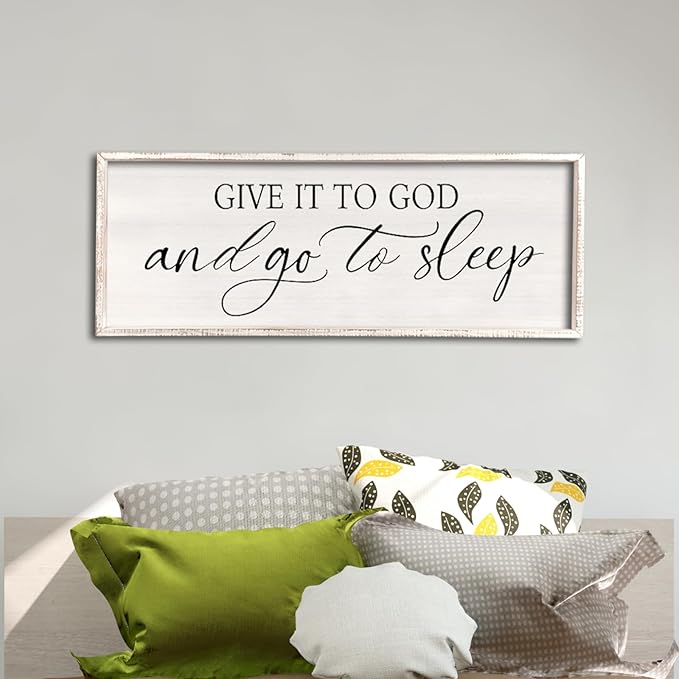 comurdyo Give It To God And Go to Sleep Sign 40''×15'' Master Bedroom Above Bed Wall Decor Wood Framed Couple Large Farmhouse Guest Room Rustic Simple Over Bedside Wall Art Hanging Decor (White)