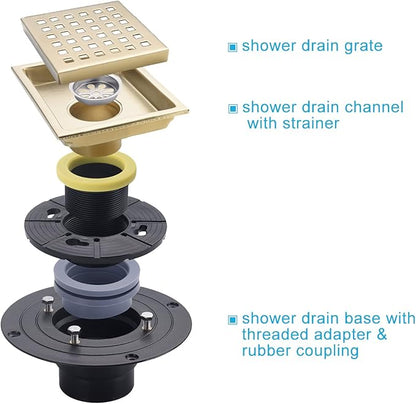 4 Inch Brushed Gold Shower Floor Drain Square for Bathroom Kitchen Removable Grill Plate Cover with Flange Kit, Sus304 Stainless Steel Brass Finish