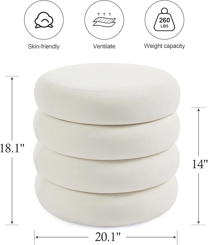 ONEVOG Round Storage Ottoman, 20" Small Ottomans Table with Removable Lid, Velvet Fabric Soft Footrest Stool for Couch, Upholstered Stuffed Circle Seat for Living Room/Bedroom/Dorm/Vanity, Lvory White