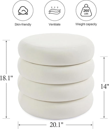 ONEVOG Round Storage Ottoman, 20" Small Ottomans Table with Removable Lid, Velvet Fabric Soft Footrest Stool for Couch, Upholstered Stuffed Circle Seat for Living Room/Bedroom/Dorm/Vanity, Lvory White