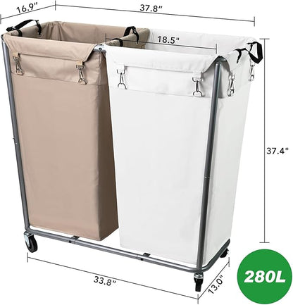 280L Laundry Cart with Wheels, Commercial Large Rolling Laundry Sorter, Heavy Duty Divided 2 Section Laundry Hamper with Steel Frame and Removable Bag for Laundry Room, Bedroom,Hotel Mix Color