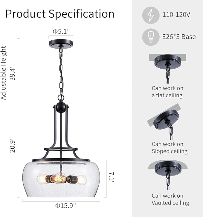 WUZUPS Chandelier Rustic Farmhouse Industrial Round Ceiling Pendant LED Light Fixture Clear Seeded Glass Shade for Dining Room Kitchen Island Foyer Entryway, H 20.9" x W 15.9", Black