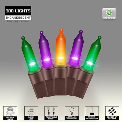 300LIGHTS(2*150L) ORANGE PURPLE and GREEN Extra-Bright With End Connectors Halloween Decorative Lights 19.44m UL Certified Mini String Light Set Waterproof for Halloween Home Garden Tree Party