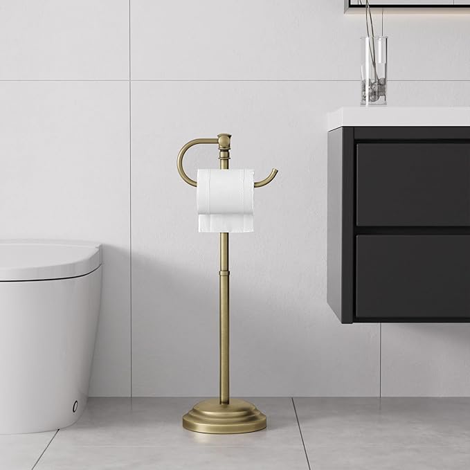 RUMOSE Toilet Paper Holder Stand for Floor,Antique Brass Adjustable (12.4" to 22.8") Bathroom Toilet Tissue Holder, Free Standing Paper Roll Holder with Storage, Stainless Steel