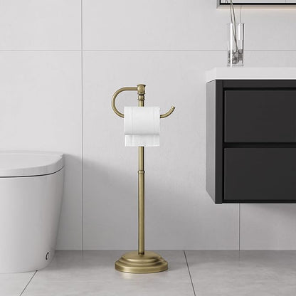RUMOSE Toilet Paper Holder Stand for Floor,Antique Brass Adjustable (12.4" to 22.8") Bathroom Toilet Tissue Holder, Free Standing Paper Roll Holder with Storage, Stainless Steel
