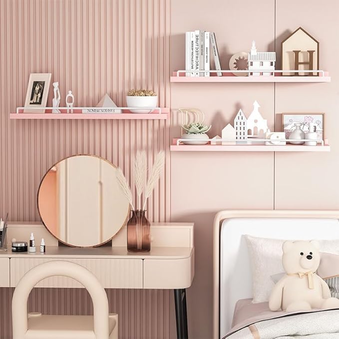 22 inches Long Floating Shelves, Bathroom Decor Shelves Over Toilet, Farmhouse Wall Shelves for Living Room, Bedroom, Picture Frames, Plants, Kitchen, Set of 3 (Pink and White)