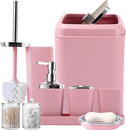 Pink Bathroom Accessories Set, 9PCS Pink Bathroom Accessory Sets Complete with Trash Can, Tray,Soap Dispenser,Soap Dish,Toothbrush Holder,Cup,Toilet Brush and Qtip Holders for Housewarming