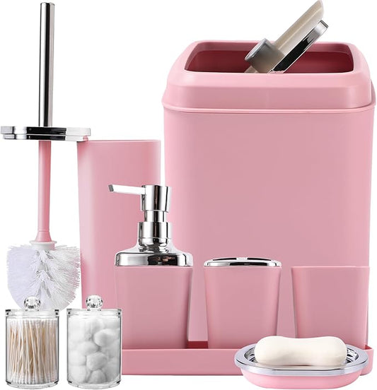 Pink Bathroom Accessories Set, 9PCS Pink Bathroom Accessory Sets Complete with Trash Can, Tray,Soap Dispenser,Soap Dish,Toothbrush Holder,Cup,Toilet Brush and Qtip Holders for Housewarming