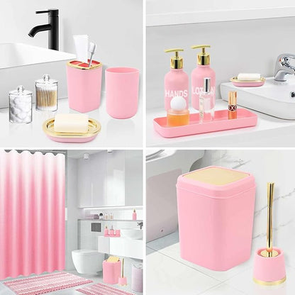 25PCS Pink Bathroom Accessories Sets Complete, with Shower Curtain, Rugs, Trash Can and Toilet Brush, Toothbrush Holder and Cup, Soap Dispenser, Soap Dish, Qtip Holder, Bathroom Decor Sets
