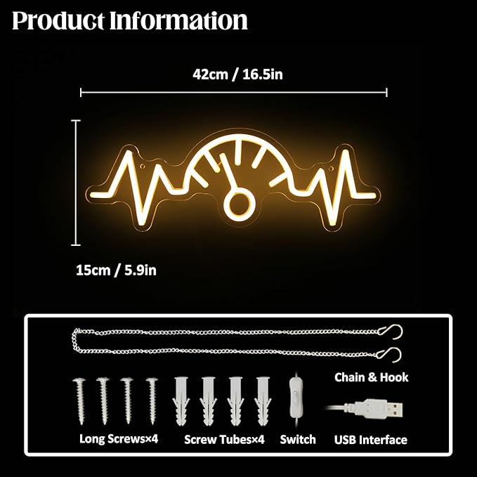 Car Dashboard Neon Sign Garage Neon Signs for Man Cave Automobile Speedometer Neon Light Orange LED Car Neon Lights Signs for Garage Man Cave Auto Repair Shop Game Room Party Decor