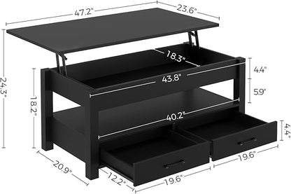 Rolanstar Coffee Table, 47.2" Lift Top Coffee Table with Drawers and Hidden Compartment, Retro Central Table with Wooden Lift Tabletop, for Living Room,Black