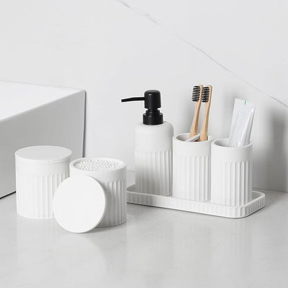 Bathroom Accessory Set - 6 Pieces Bathroom Accessories Set Complete with Soap Dispenser, Toothbrush Holders, Tumbler, Vanity Tray and 2 Qtip Holder for Home Organizer and Decor, White