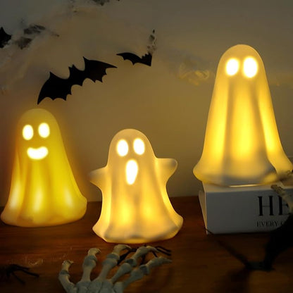 [Timer] Light Up Ghost Halloween Decor, 3 Pcs Ceramic Halloween Ghost Decorations Indoor, Cute White Ghost Figurines Statue for Indoor Decor Home Table (A)