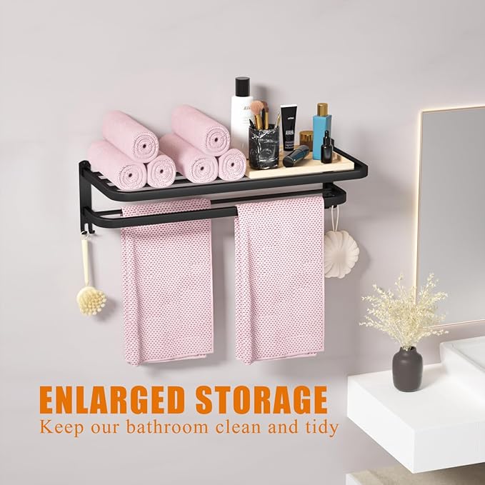DDS-DUDES Bathroom Towel Rack Towel Shelf with Double Towel Bars Lavatory Wall Mount Holder with Hooks Stainless Steel Hotel Bath Rack (Matte Black 23 inches)