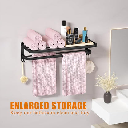 DDS-DUDES Bathroom Towel Rack Towel Shelf with Double Towel Bars Lavatory Wall Mount Holder with Hooks Stainless Steel Hotel Bath Rack (Matte Black 23 inches)