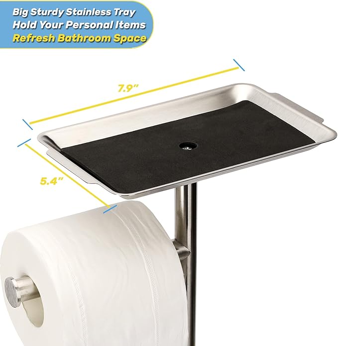 Toilet Paper Holder Stand for Bathroom Floor Freestanding Toilet Roll Dispenser Storages 4 Reserve Rolls, with Top Storage Shelf for Cell Phone (Brushed Nickel)