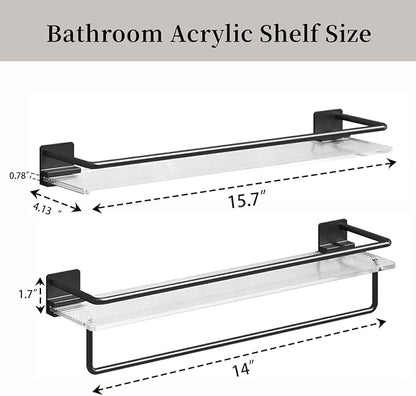 AIJALY Acrylic Floating Shelves Wall Mounted Hanging Shelves with Black Towel Rack Decorative Storage Shelves，2 Pack 15.7-lnch Bathroom Shower Acrylic Shelf