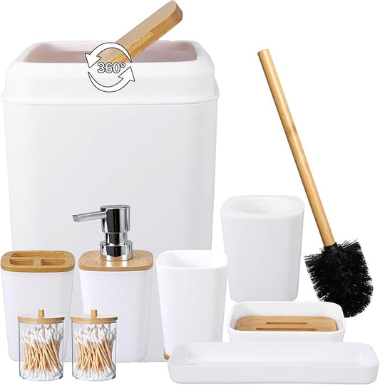 White Bathroom Accessories Set, 9 Piece Bathroom Accessory Set with Trash Can,Toothbrush Holder,Toothbrush Cup,Lotion Soap Dispenser,Vanity Tray,Soap Dish,Toilet Brush,Qtip Holder