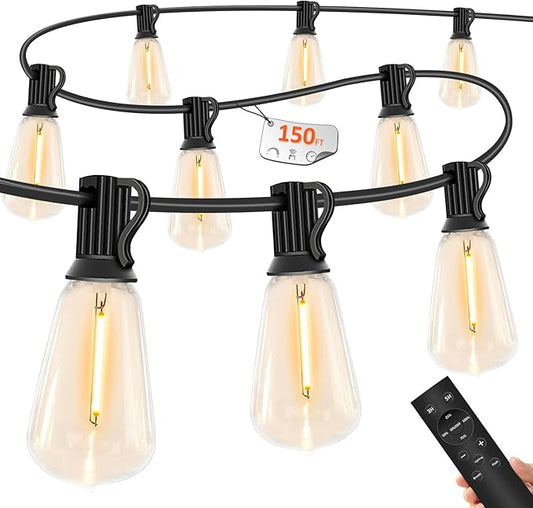 150 FT Outdoor String Lights for Outside – LED Patio Lights Waterproof with Dimmer Remote – Hanging Lights Shatterproof ST38 Vintage Edison Bulbs Porch Backyard Cafe Bistro