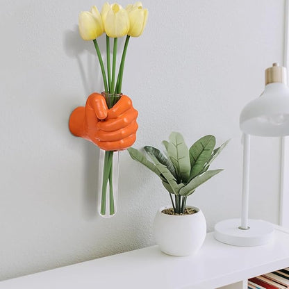 Orange Wall Sculptures, Hand Vases Home Decor, Wall Mount Art Sculpture, Unique Wall Art Statue, Funky Flower Vase Decorations, Modern Eclectic Hanging Decor,Glass Test Tube Vase (Orange)