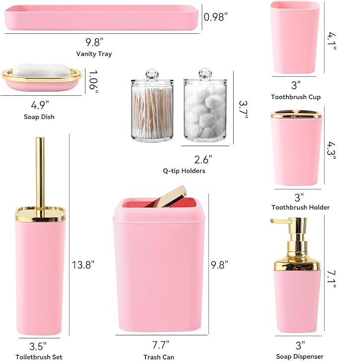 Pink Bathroom Accessories Set, Pink and Gold Bathroom Accessories with Trash Can, Soap Dispenser, Soap Dish, Toothbrush Holder and Q-tip Holders