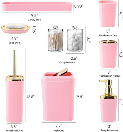 Pink Bathroom Accessories Set, Pink and Gold Bathroom Accessories with Trash Can, Soap Dispenser, Soap Dish, Toothbrush Holder and Q-tip Holders