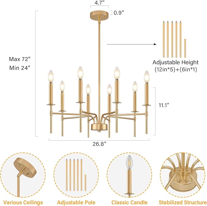 8 Light Gold Chandelier Light Fixture, Modern Farmhouse Chandeliers for Dining Room Light Fixture, Metal Candle Pendant Chandelier for Foyer Entryway Stairs Living Room Bedroom Kitchen