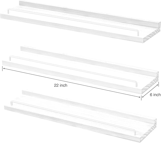 22 inches Long Floating Shelves, Bathroom Decor Shelves Over Toilet, Farmhouse Wall Shelves for Living Room, Bedroom, Picture Frames, Plants, Kitchen, Set of 3 (White)