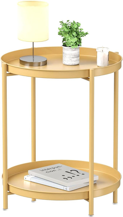 EKNITEY 2 Tier Side Table - Metal end Table Waterproof Small Sofa Coffee Side Tables Bedroom Indoor Outdoor with Removable Tray for Living Room Bedroom Balcony and Office