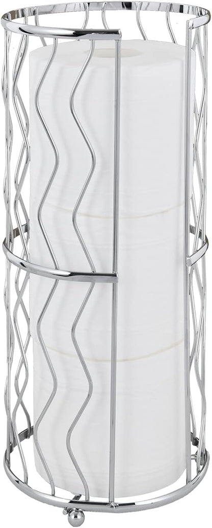 Decorative Metal Standing Toilet Tissue Holder for Bathroom/Powder Room, Compact Tissue Reserve for 3 Jumbo Rolls of Extra Toilet Paper Chrome
