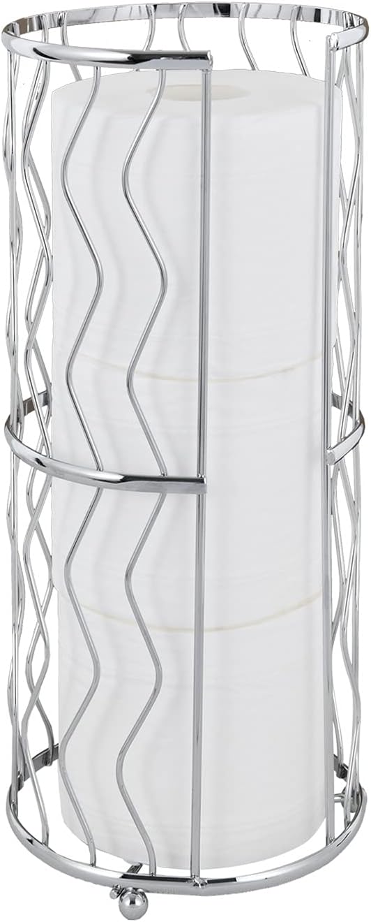 Decorative Metal Standing Toilet Tissue Holder for Bathroom/Powder Room, Compact Tissue Reserve for 3 Jumbo Rolls of Extra Toilet Paper Chrome