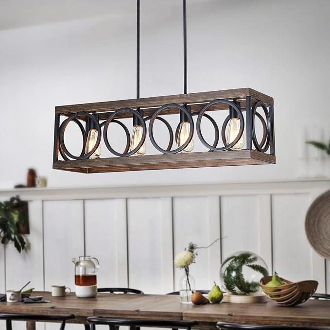 XINGQI Black Kitchen Island Light Fixtures, Farmhouse Dining Room Chandelier Rectangular Linear Chandeliers Pendant Ceiling Light Fixture for Bar Office Coffee Shop 4-Light Wood Grain