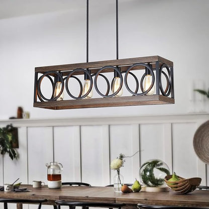 XINGQI Black Kitchen Island Light Fixtures, Farmhouse Dining Room Chandelier Rectangular Linear Chandeliers Pendant Ceiling Light Fixture for Bar Office Coffee Shop 4-Light Wood Grain
