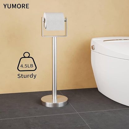 YUMORE Toilet Paper Holder Free Standing, Stainless Steel Toilet Paper Stand, Weighted Base Floor Tissue Roll Holder for Bathroom, Brushed Nickel 200UP