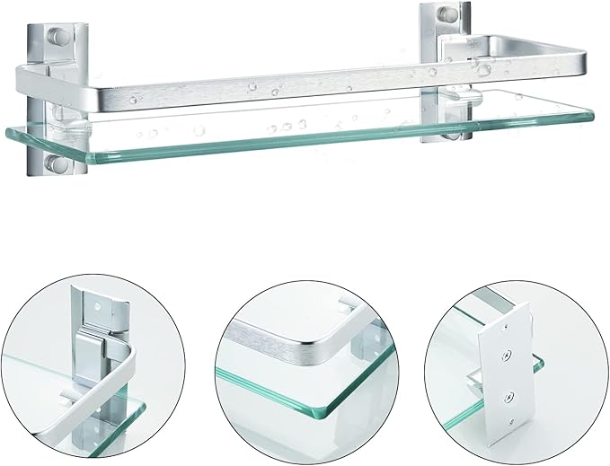 AIJALY 3 Pack Bathroom Glass Shelf,Aluminum Tempered Glass 0.34in Extra Thick Rectangular 1 Tier Storage Organizer Wall Mount,Silver 15.7in