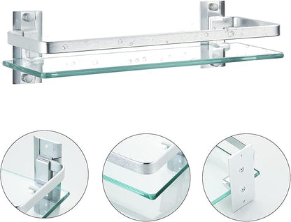 AIJALY 3 Pack Bathroom Glass Shelf,Aluminum Tempered Glass 0.34in Extra Thick Rectangular 1 Tier Storage Organizer Wall Mount,Silver 15.7in