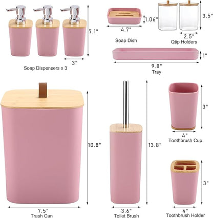 Pink Bathroom Accessories, Bathroom Accessories Set with Trash Can, Soap Dispenser, Toothbrush Holder, Toothbrush Cup, Soap Dish, Toilet Brush, Tray and Q-tip Holders for Housewarming