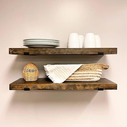 Rustic Shelves with J-Brackets Set of 2, Industrial Shelf, Kitchen Shelves, Solid Wood, Decorative Wall Storage, Heavy Duty, URBANDI (Dark Brown, 12Wx12D)