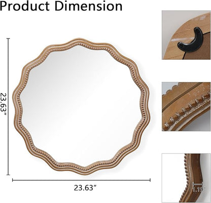 Round Mirror Vanity Mirrors for Bathroom with Wavy Wood & Beaded Frame - Wall Mirrors for Living Room,Entry Mirrors for Wall,Decorative Mirror