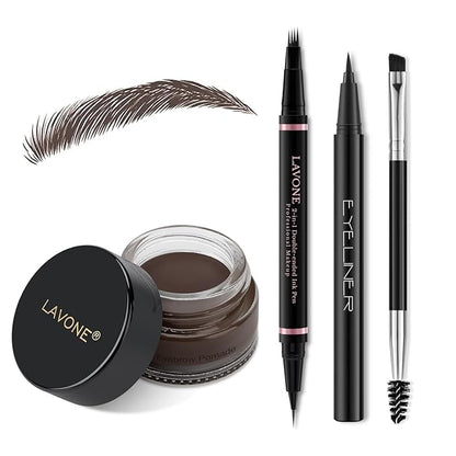 Eyebrow Pen Makeup Kit, with 4 Tip Waterproof Microblading Eyebrow Pencil, Eyeliner, Eyebrow Pomade and Dual-ended Eyebrow Brush, Brow Pencil Eyebrow Kit for Natural Looking - Dark Coffee