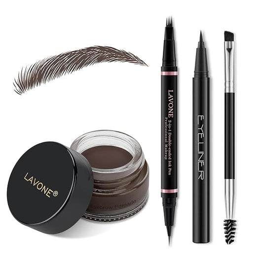 Eyebrow Pen Makeup Kit, with 4 Tip Waterproof Microblading Eyebrow Pencil, Eyeliner, Eyebrow Pomade and Dual-ended Eyebrow Brush, Brow Pencil Eyebrow Kit for Natural Looking - Dark Coffee