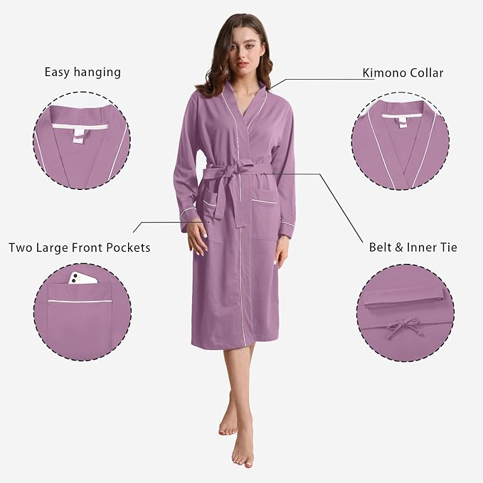 Womens Kimono Robe Lightweight Soft Bathrobe Sleepwear Loungewear with Pockets