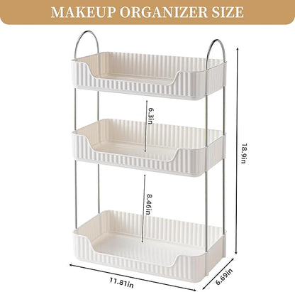 Bathroom Counter Cosmetic Organizer, 3 Tier-Cream White, Alloy Steel & PET Plastic, Rectangular, Tiered, Perfect for Toiletries & Cosmetics