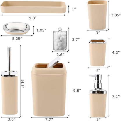 Beige Bathroom Set, Plastic 9-Piece Bathroom Set with Trash Can, Soap Dispenser, Toothbrush Holder, Toothbrush Cup, Soap Dish, Toilet Brush, Tray and Q-tip Holders for Bathroom/Housewarming