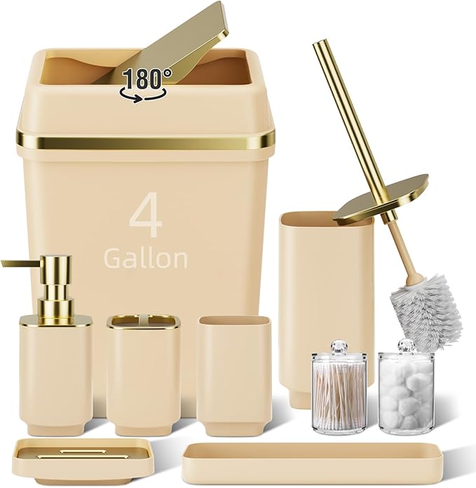 9PCS Bathroom Accessory Set, Beige Bathroom Set with Large-Capacity 4 Gallon Trash Can, Bathroom Accessories Set Complete, Toothbrush Holder, Soap Dispenser, Toilet Brush, Bathroom Decor