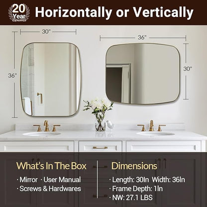 ANDY STAR 30x36” Gold Bathroom Mirror, Oblong Brass Mirror with Stainless Steel Metal Frame, Brushed Gold Oval Vanity Mirror for Over Sink, Modern Anti Rust Wall Mounted