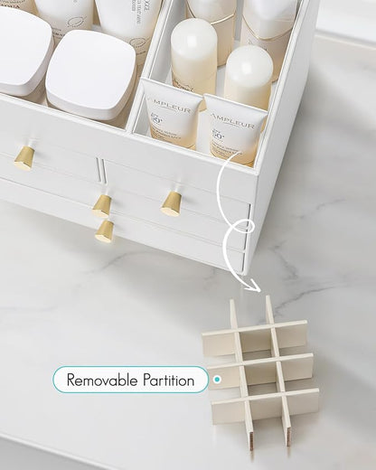 Vlando Makeup Organizer Countertop,Large Vanity Organizer PU Leather Make up Storage with 4 Drawers Skin care Organizer Cosmetic Display Case for Lipstick,Brushes,Bedroom-White